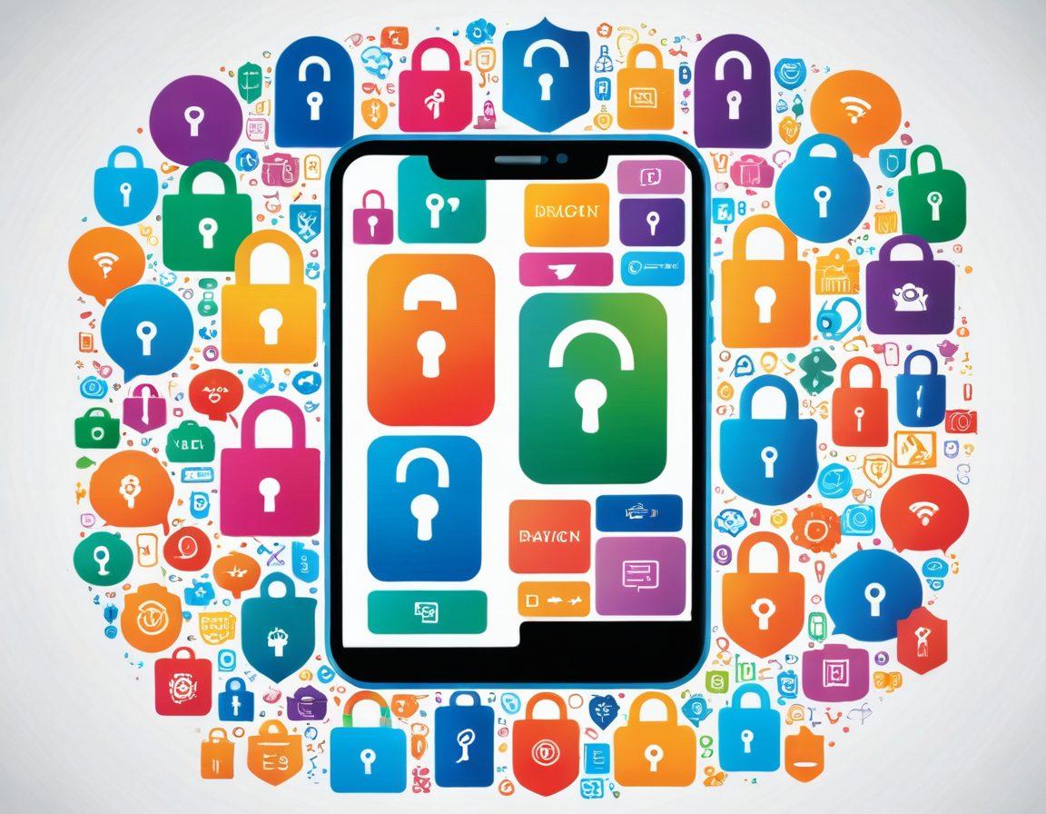 An artistic representation of a smartphone displaying diverse call filtering options, surrounded by symbols of privacy like padlocks and shields. Include a backdrop of diverse consumers empowered by technology, reflecting inclusiveness and security. Use vibrant colors to convey a sense of empowerment and optimism. modern digital art. vibrant colors. white background.