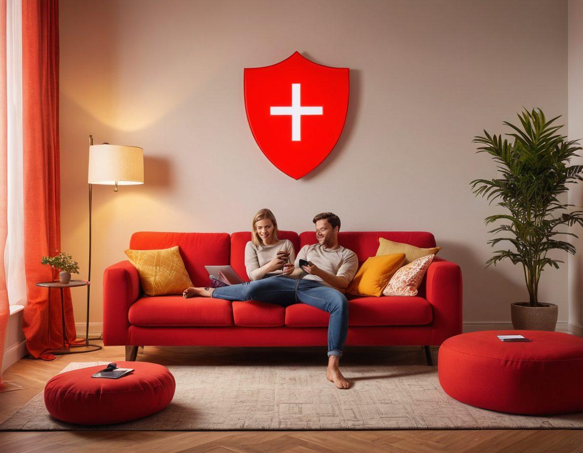 A person relaxing in their home, confidently using their smartphone with a smile. Around them, visual representations of unwanted calls being blocked, such as red crossed-out phone icons and a shield symbol. The background showcases a peaceful living room to emphasize comfort and security. Bright colors to convey a positive atmosphere. super-realistic. vibrant colors.